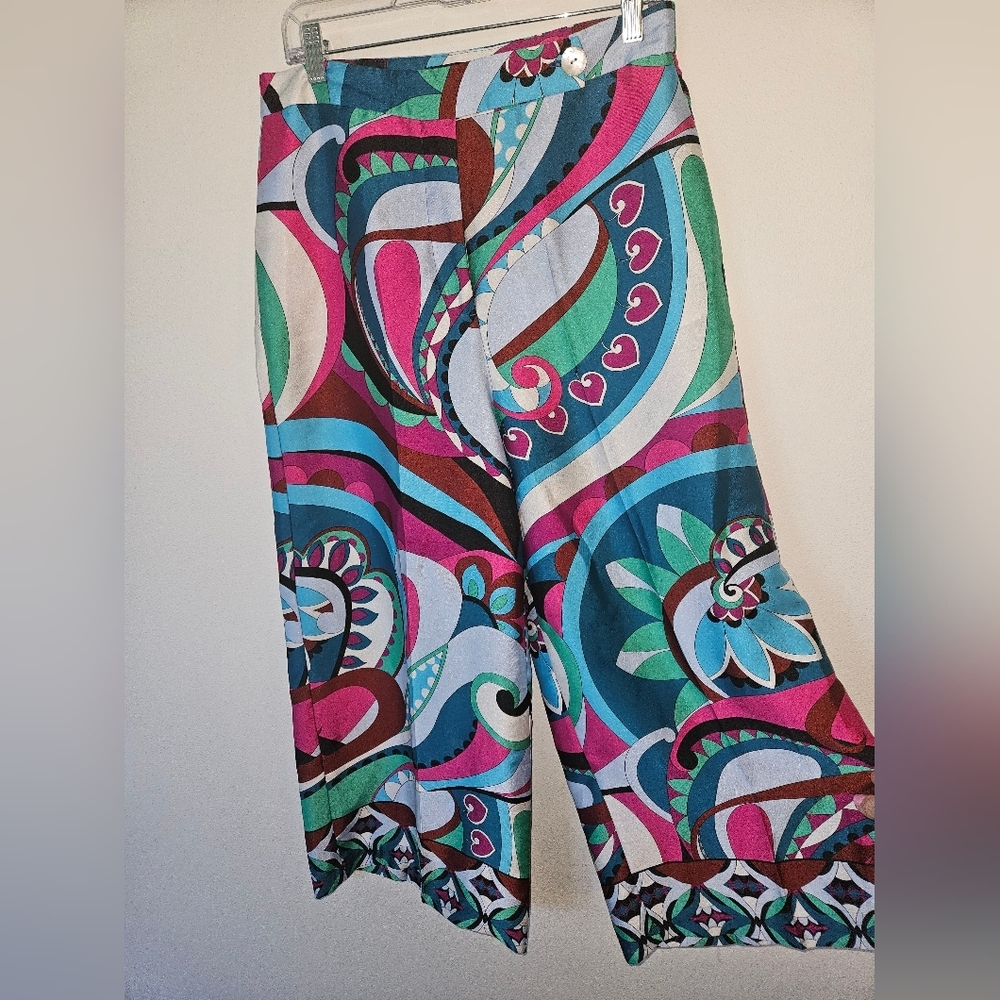 Zara Wide Leg Pants in Teal, Pink, Blue & Green Abstract Print